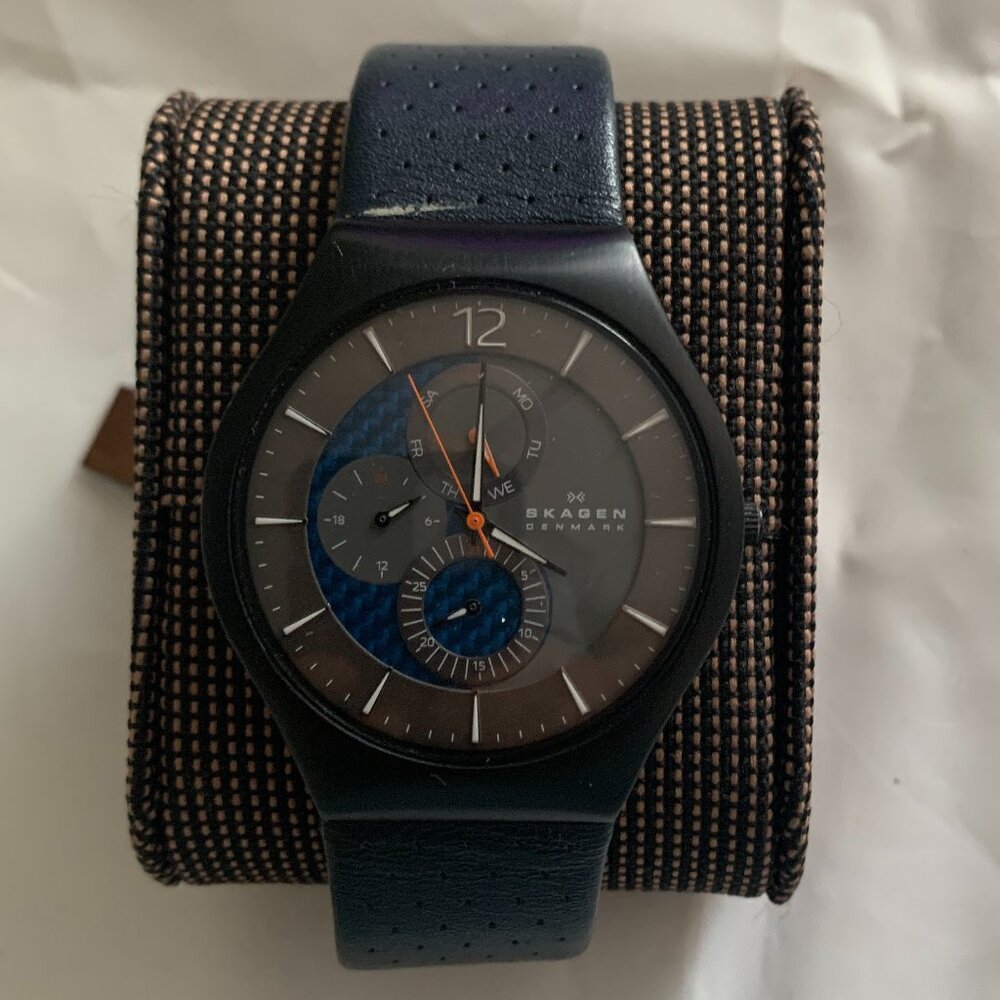 Skagen Grenen SKW6149 Black Titanium Watch – Grey & Blue Dial, Perforated Leathe